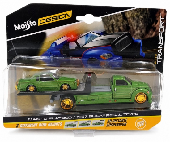 Imagine MAISTO DESIGN ELITE TRANSPORT SET CAMION CU RAMPA MAISTO FLATBED SI MASINUTA BUICK REGAL T TYPE 1987 SCARA 1 LA 64