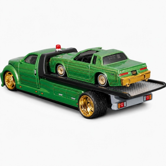 Imagine MAISTO DESIGN ELITE TRANSPORT SET CAMION CU RAMPA MAISTO FLATBED SI MASINUTA BUICK REGAL T TYPE 1987 SCARA 1 LA 64