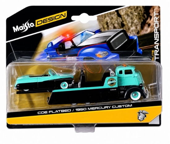 Imagine MAISTO DESIGN ELITE TRANSPORT SET CAMION CU RAMPA COE FLATBED SI MASINUTA MERCURY CUSTOM 1950 SCARA 1 LA 64