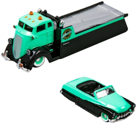 Imagine MAISTO DESIGN ELITE TRANSPORT SET CAMION CU RAMPA COE FLATBED SI MASINUTA MERCURY CUSTOM 1950 SCARA 1 LA 64