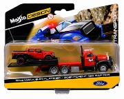 Imagine MAISTO DESIGN ELITE TRANSPORT SET CAMION CU RAMPA MACK B 61 FLATBED 1953 SI MASINUTA FORD F150 RAPTOR 2021 SCARA 1 LA 64