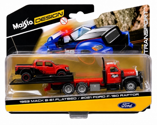 Imagine MAISTO DESIGN ELITE TRANSPORT SET CAMION CU RAMPA MACK B 61 FLATBED 1953 SI MASINUTA FORD F150 RAPTOR 2021 SCARA 1 LA 64