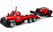 Imagine MAISTO DESIGN ELITE TRANSPORT SET CAMION CU RAMPA MACK B 61 FLATBED 1953 SI MASINUTA FORD F150 RAPTOR 2021 SCARA 1 LA 64