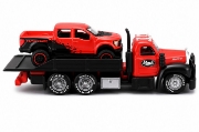 Imagine MAISTO DESIGN ELITE TRANSPORT SET CAMION CU RAMPA MACK B 61 FLATBED 1953 SI MASINUTA FORD F150 RAPTOR 2021 SCARA 1 LA 64