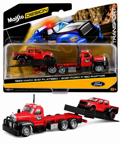 Imagine MAISTO DESIGN ELITE TRANSPORT SET CAMION CU RAMPA MACK B 61 FLATBED 1953 SI MASINUTA FORD F150 RAPTOR 2021 SCARA 1 LA 64