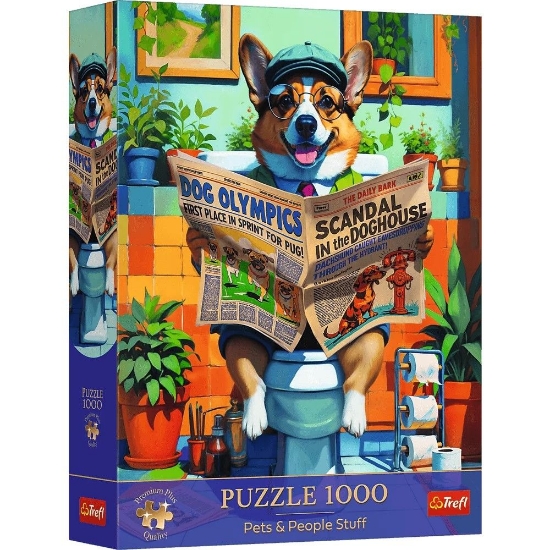 Imagine PUZZLE TREFL 1000 PREMIUM PLUS ANIMALE DE COMPANIE SI OAMENI CORGI LA TOALETA