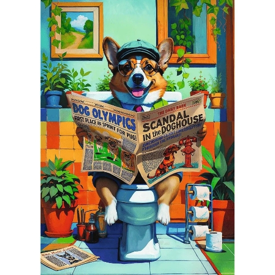 Imagine PUZZLE TREFL 1000 PREMIUM PLUS ANIMALE DE COMPANIE SI OAMENI CORGI LA TOALETA