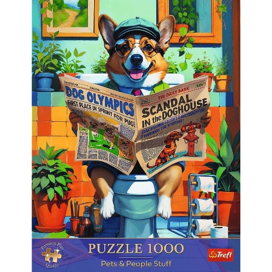 Imagine PUZZLE TREFL 1000 PREMIUM PLUS ANIMALE DE COMPANIE SI OAMENI CORGI LA TOALETA