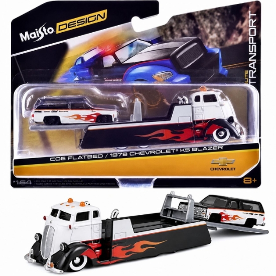 Imagine MAISTO DESIGN ELITE TRANSPORT SET CAMION CU RAMPA COE FLATBED SI MASINUTA CHEVROLET K5 BLAZER 1979 SCARA 1 LA 64