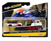 Imagine MAISTO DESIGN ELITE TRANSPORT SET CAMION CU RAMPA COE FLATBED SI MASINUTA CHEVROLET K5 BLAZER 1979 SCARA 1 LA 64