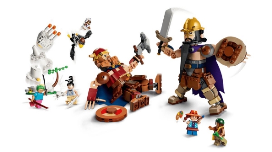 Imagine LEGO ONE PIECE DORRY VS BROGY GIGANTII DIN MICUTA GRADINA 75644