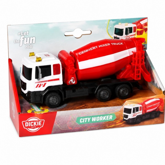 Imagine DICKIE TOYS CITY WORKER  VEHICUL DE CONSTRUCTII CU LUMINI SI SUNETE BETONIERA ROSIE 17CM
