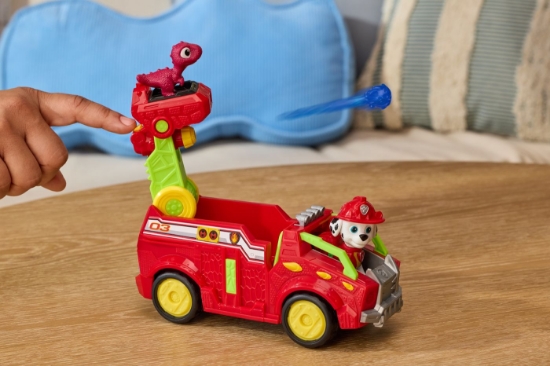 Imagine PATRULA CATELUSILOR FILMUL CU DINOZAURI SET DINO VEHICUL DE POMPIERI CU FIGURINA MARSHALL SI ACCESORII 15CM