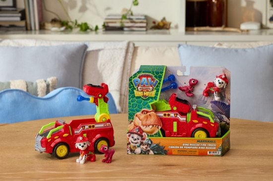 Imagine PATRULA CATELUSILOR FILMUL CU DINOZAURI SET DINO VEHICUL DE POMPIERI CU FIGURINA MARSHALL SI ACCESORII 15CM