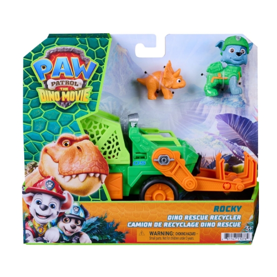 Imagine PATRULA CATELUSILOR FILMUL CU DINOZAURI SET DINO VEHICUL CAMION DE RECICLARE CU FIGURINA ROCKY SI ACCESORII 15CM