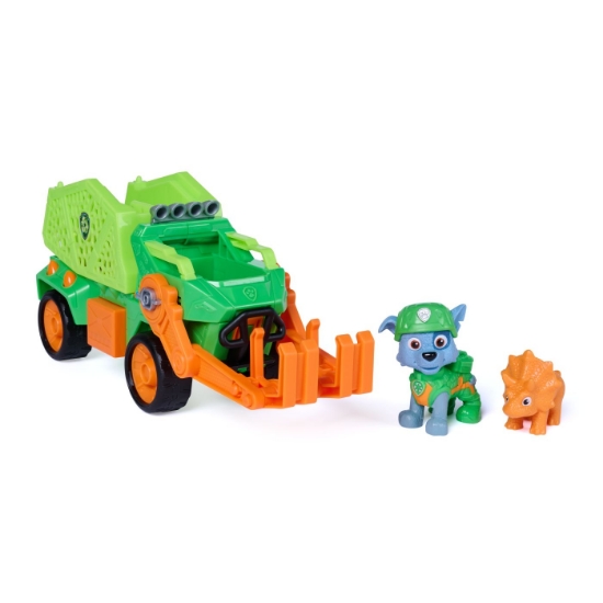 Imagine PATRULA CATELUSILOR FILMUL CU DINOZAURI SET DINO VEHICUL CAMION DE RECICLARE CU FIGURINA ROCKY SI ACCESORII 15CM