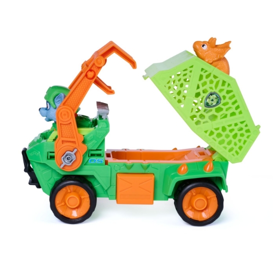Imagine PATRULA CATELUSILOR FILMUL CU DINOZAURI SET DINO VEHICUL CAMION DE RECICLARE CU FIGURINA ROCKY SI ACCESORII 15CM