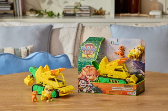Imagine PATRULA CATELUSILOR FILMUL CU DINOZAURI SET DINO VEHICUL BULDOZER CU FIGURINA RUBBLE SI ACCESORII 15CM