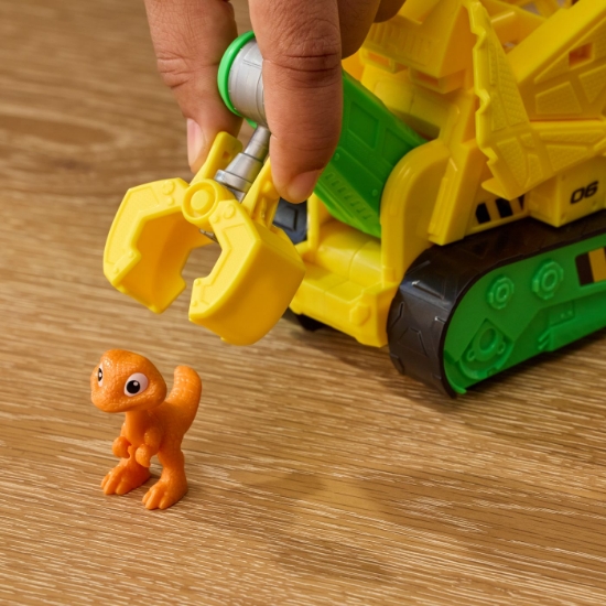Imagine PATRULA CATELUSILOR FILMUL CU DINOZAURI SET DINO VEHICUL BULDOZER CU FIGURINA RUBBLE SI ACCESORII 15CM