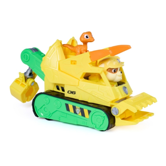 Imagine PATRULA CATELUSILOR FILMUL CU DINOZAURI SET DINO VEHICUL BULDOZER CU FIGURINA RUBBLE SI ACCESORII 15CM
