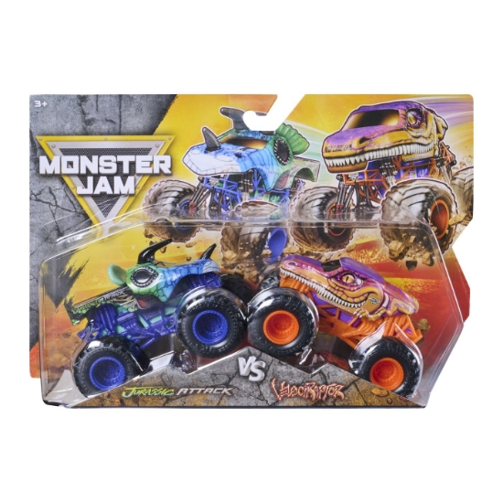 Imagine MONSTER JAM SET 2 MASINUTE METALICE JURASSIC ATTACK SI VELOCIRAPTOR SCARA 1 LA 64