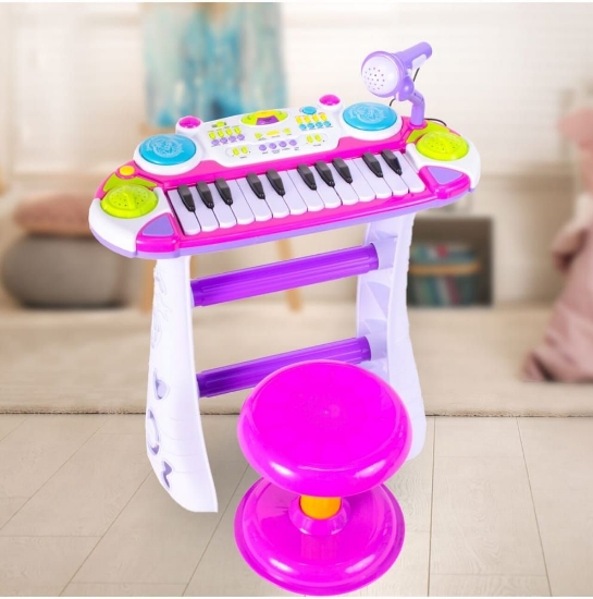 Imagine Instrument muzical pianină electronică Malplay cu scaun și microfon 45 cm înălțime roz