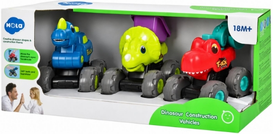 Imagine Set vehicule dinozauri cu sistem pull-back – 3 mașinuțe haioase cu design de construcții, Hola