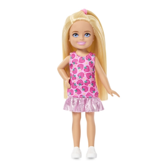 Imagine BARBIE PAPUSA CHELSEA BLONDA CU ROCHITA ROZ CU CAPSUNI
