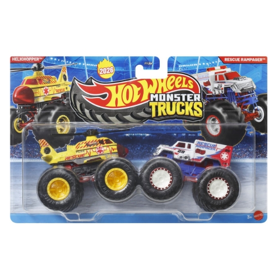 Imagine HOT WHEELS MONSTER TRUCK SET 2 MASINI HELICHOPPER SI RESCUE RAMPAGER SCARA 1 LA 64