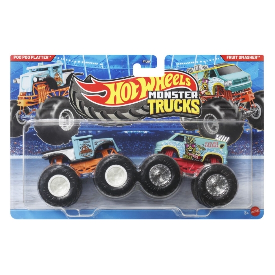 Imagine HOT WHEELS MONSTER TRUCK SET 2 MASINI POO POO PLATTER SI FRUIT SMASHER SCARA 1 LA 64