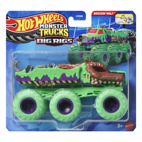 Imagine HOT WHEELS MONSTER TRUCK BIG RIGS MASINUTA METALICA CU 6 ROTI WRECKIN WOLF SCARA 1 LA 64