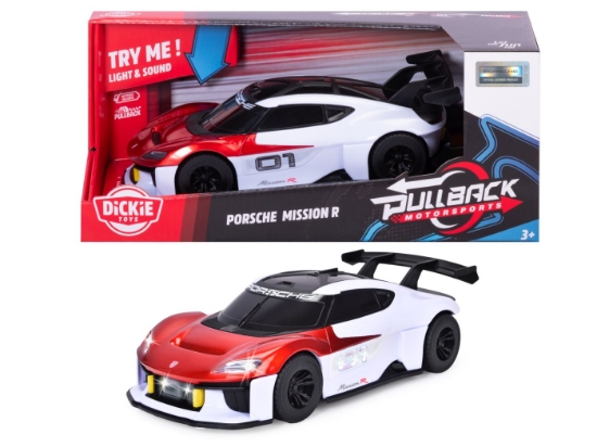 Imagine DICKIE TOYS PULL BACK MOTORSPORTS MASINA PORSCHE MISSION R CU LUMINI SI SUNETE 28CM