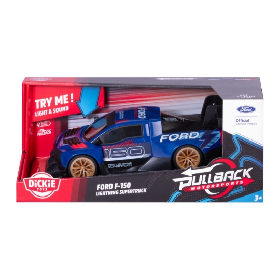 Imagine DICKIE TOYS PULL BACK MOTORSPORTS MASINA FORD F 150 LIGHTNING SUPERTRUCK CU LUMINI SI SUNETE 28CM