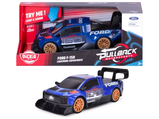 Imagine DICKIE TOYS PULL BACK MOTORSPORTS MASINA FORD F 150 LIGHTNING SUPERTRUCK CU LUMINI SI SUNETE 28CM