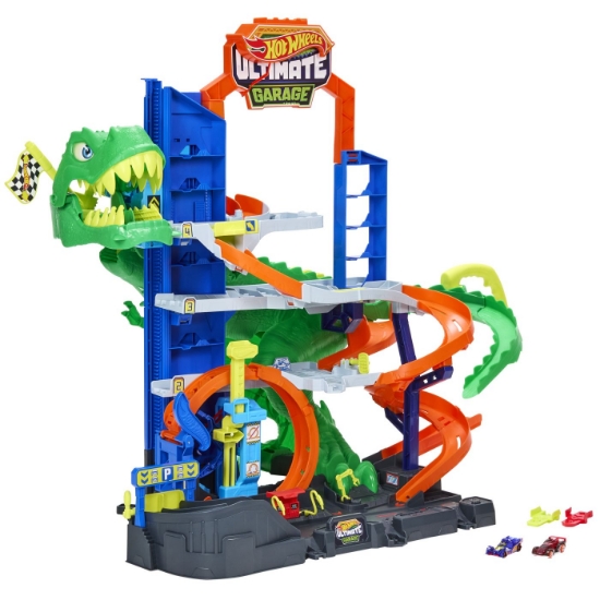 Imagine HOT WHEELS CITY SET DE JOACA GARAJ T REX SUPREM CU 2 MASINUTE INCLUSE 