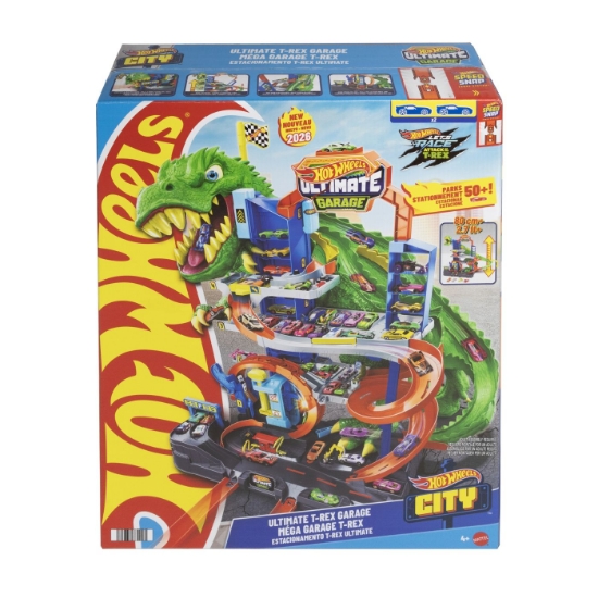 Imagine HOT WHEELS CITY SET DE JOACA GARAJ T REX SUPREM CU 2 MASINUTE INCLUSE 