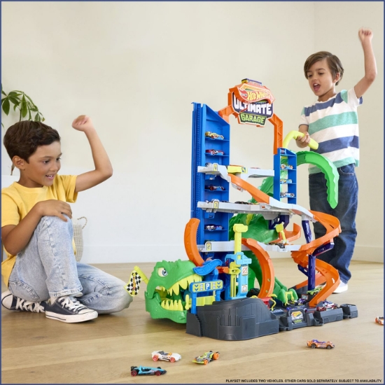 Imagine HOT WHEELS CITY SET DE JOACA GARAJ T REX SUPREM CU 2 MASINUTE INCLUSE 