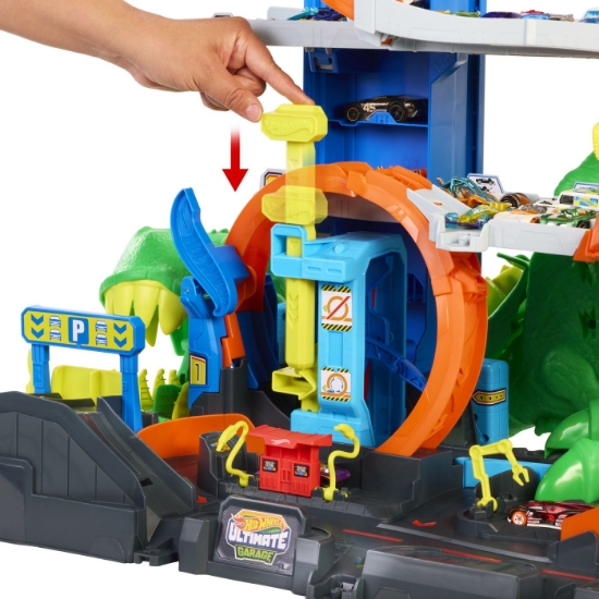 Imagine HOT WHEELS CITY SET DE JOACA GARAJ T REX SUPREM CU 2 MASINUTE INCLUSE 
